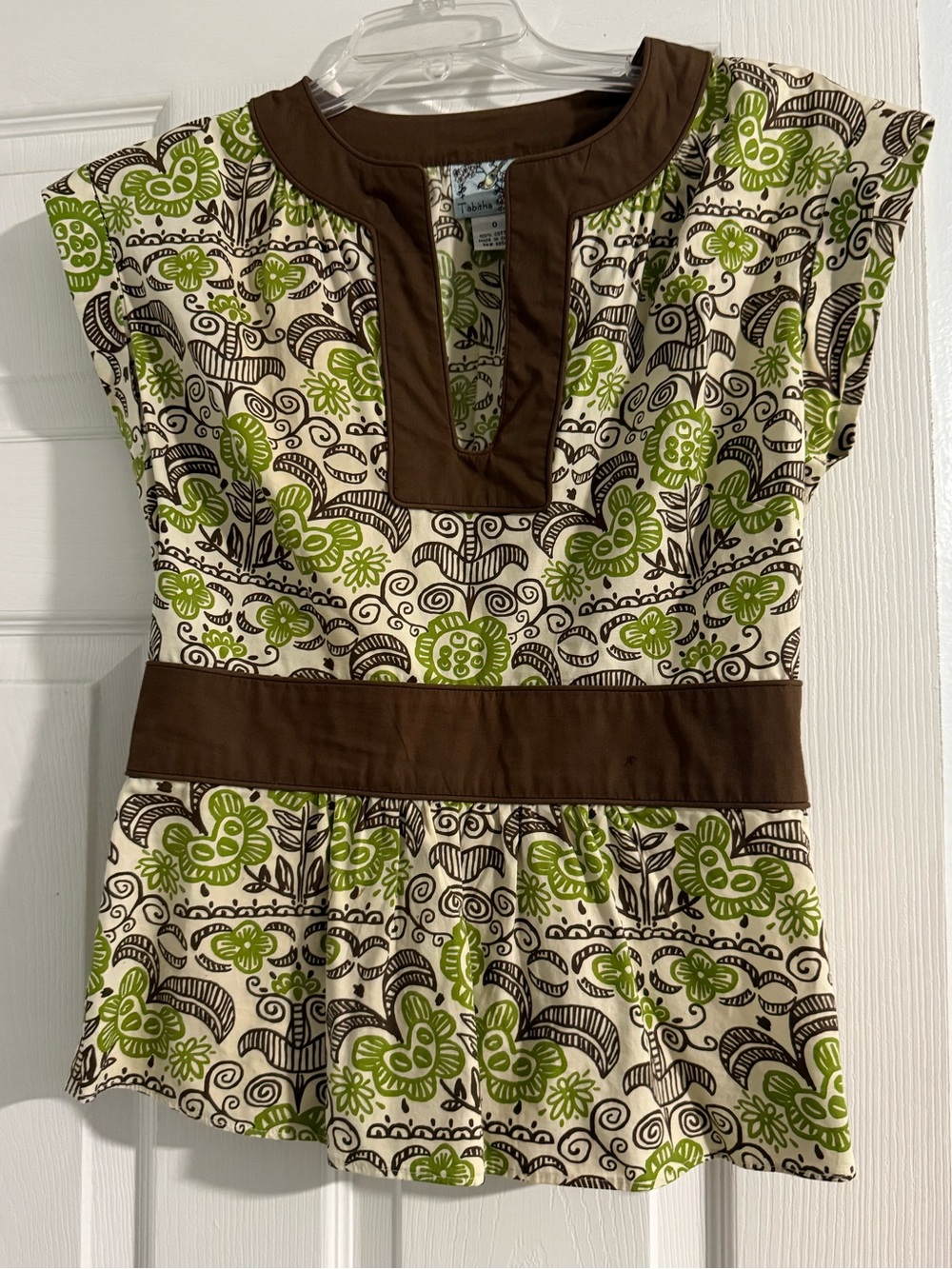 Tabitha Cream Top with Green Floral and Brown Trim